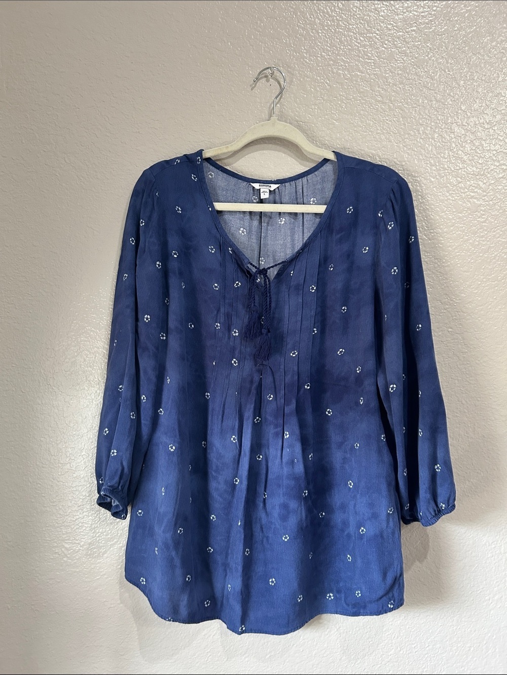 Sonoma Women’s Navy Blue Tie-Front Tunic Long Sleeve Sz L Boho Casual TC0384
